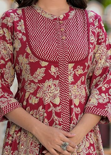 Yash Gallery Women's Polyester Calf Length Regular Fitted 3/4th Sleeve Floral Printed Anarkali Kurta with Zig-Zag Printed Pant & Dupatta (Maroon, 7XL)