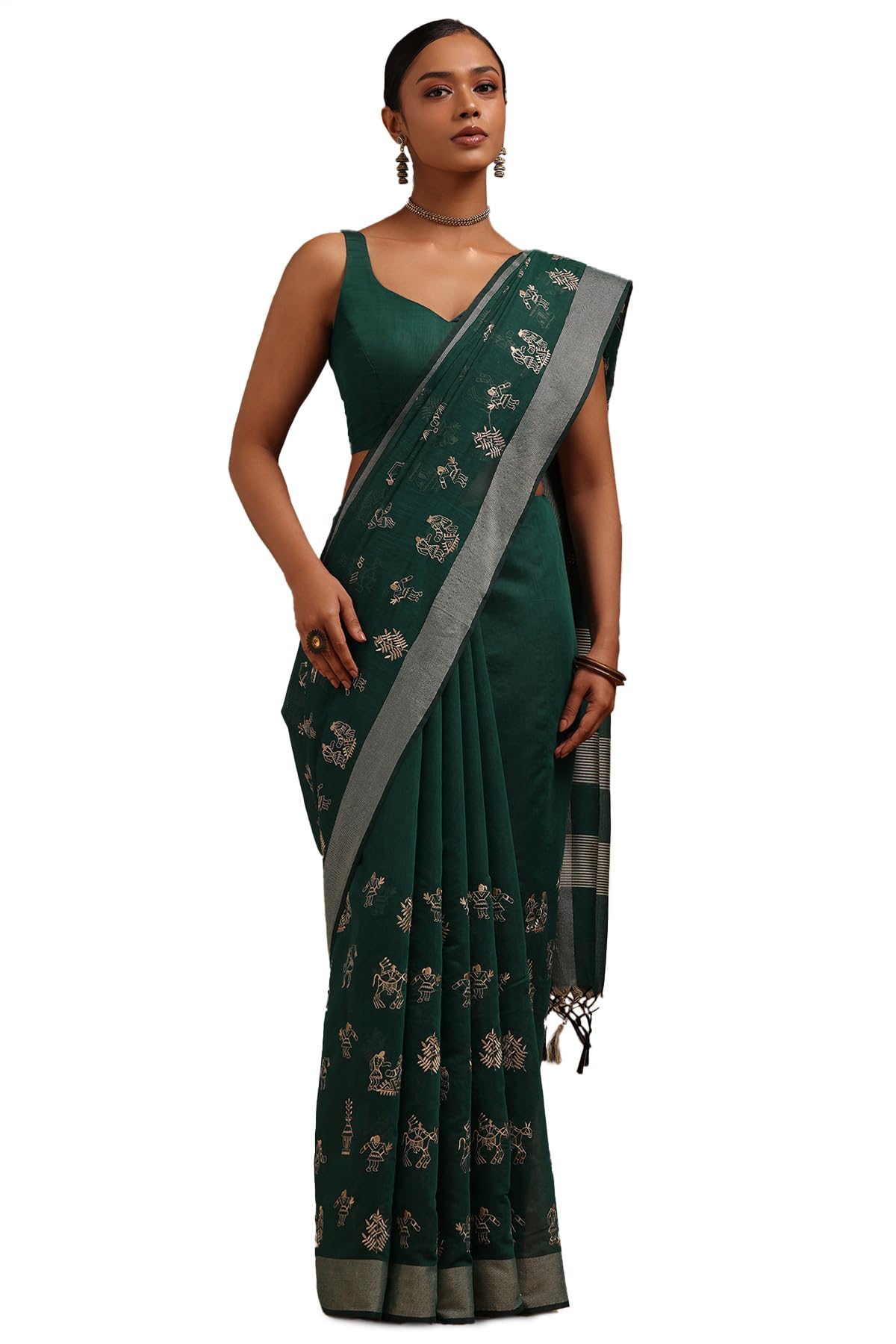Soch Womens Teal Green Chanderi Warli Print Saree With Thread Work