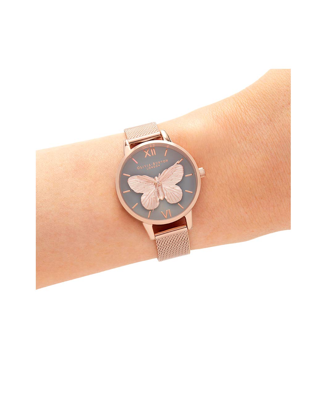 Olivia burton 3D Butterfly Qtz Basic Grey & Butterfly Round Dial Women's Watch|Ionic Plated Rose Gold Steel Material|Gold Color Band - OB16MB28