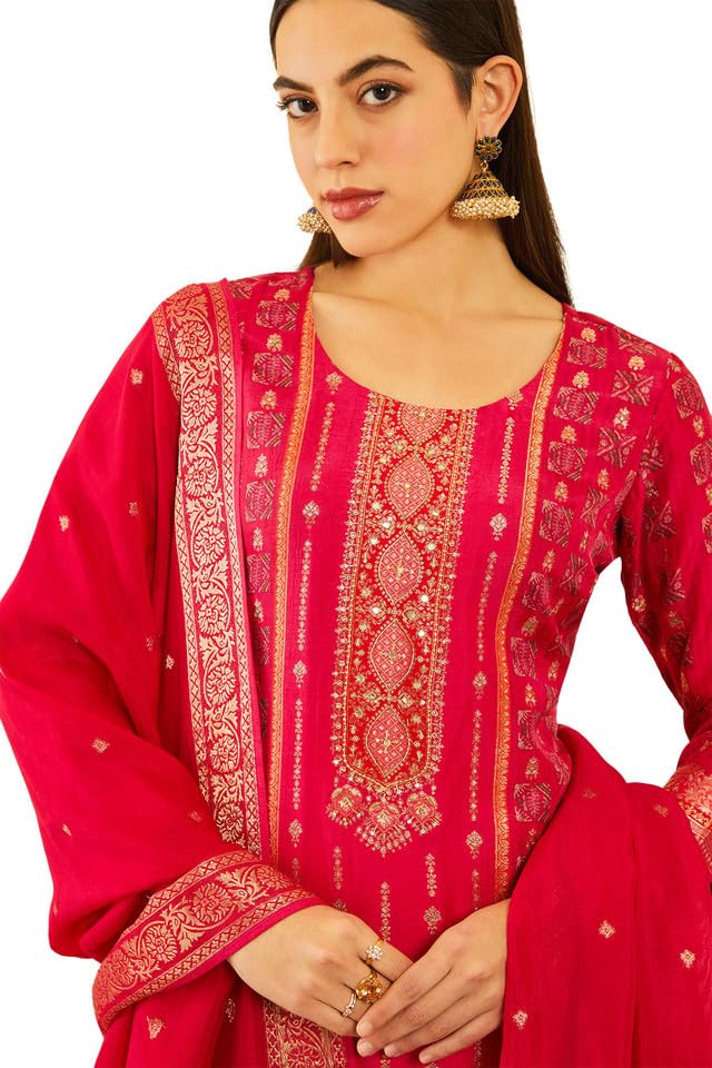 Soch Womens Fuchsia Brocade Suit Set with Zardozi