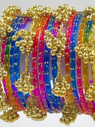 BANGLESKART 16pc dark Multi Color Glass Bangles Set Viral Kashmiri Ghungroo Chuda with Heavy Gold Guchha Charms Traditional Jewelry Women (pack of 2, 2.4)