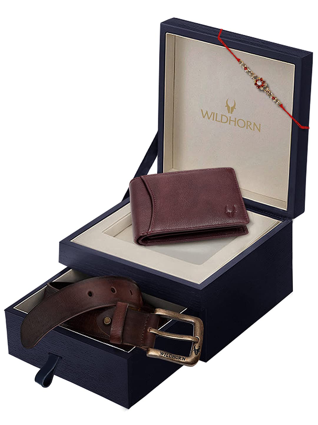 WildHorn Rakhi Gift Hamper for Brother - Classic Men's Combo/Gift Set of Leather Wallet, Keyring and Rakhi for Brother/Bhaiya. (Maroon PDM)