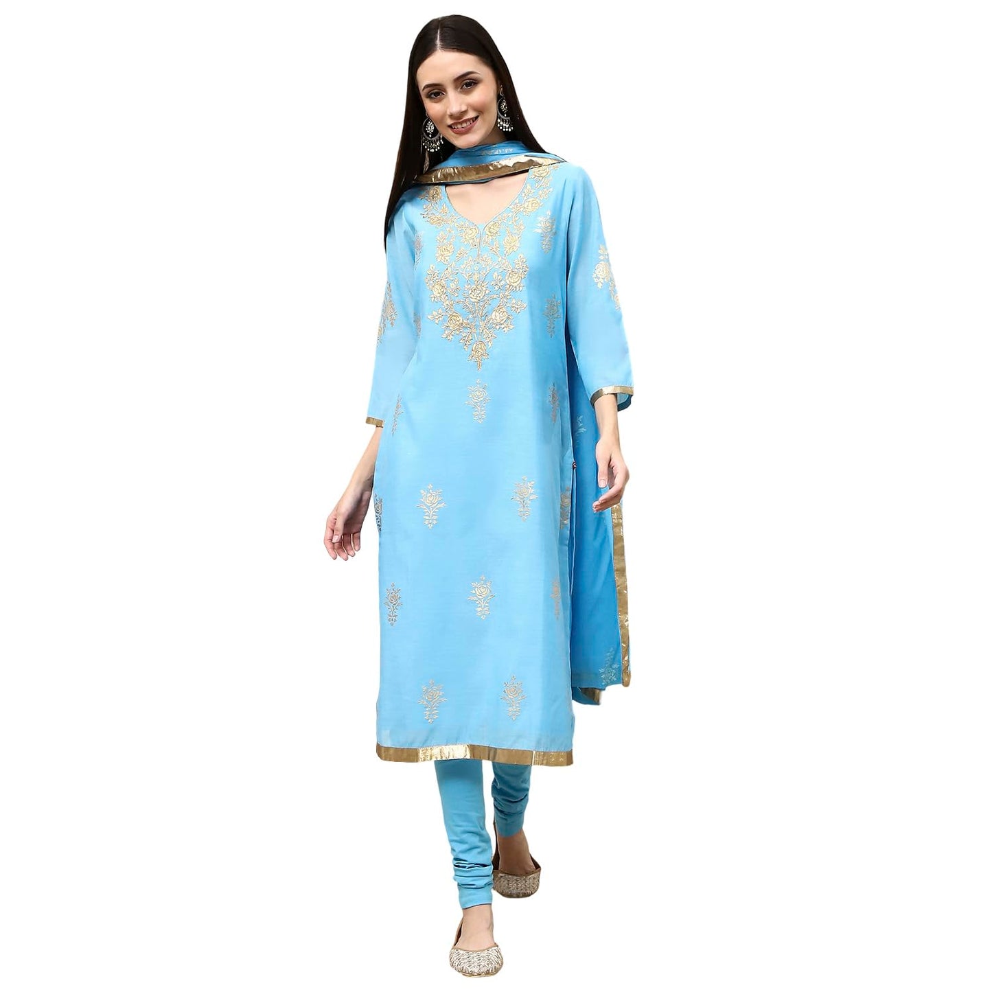 Biba Women's Poly Chanderi Kurta Set (SKDASRT7716ESS25BLU_Blue