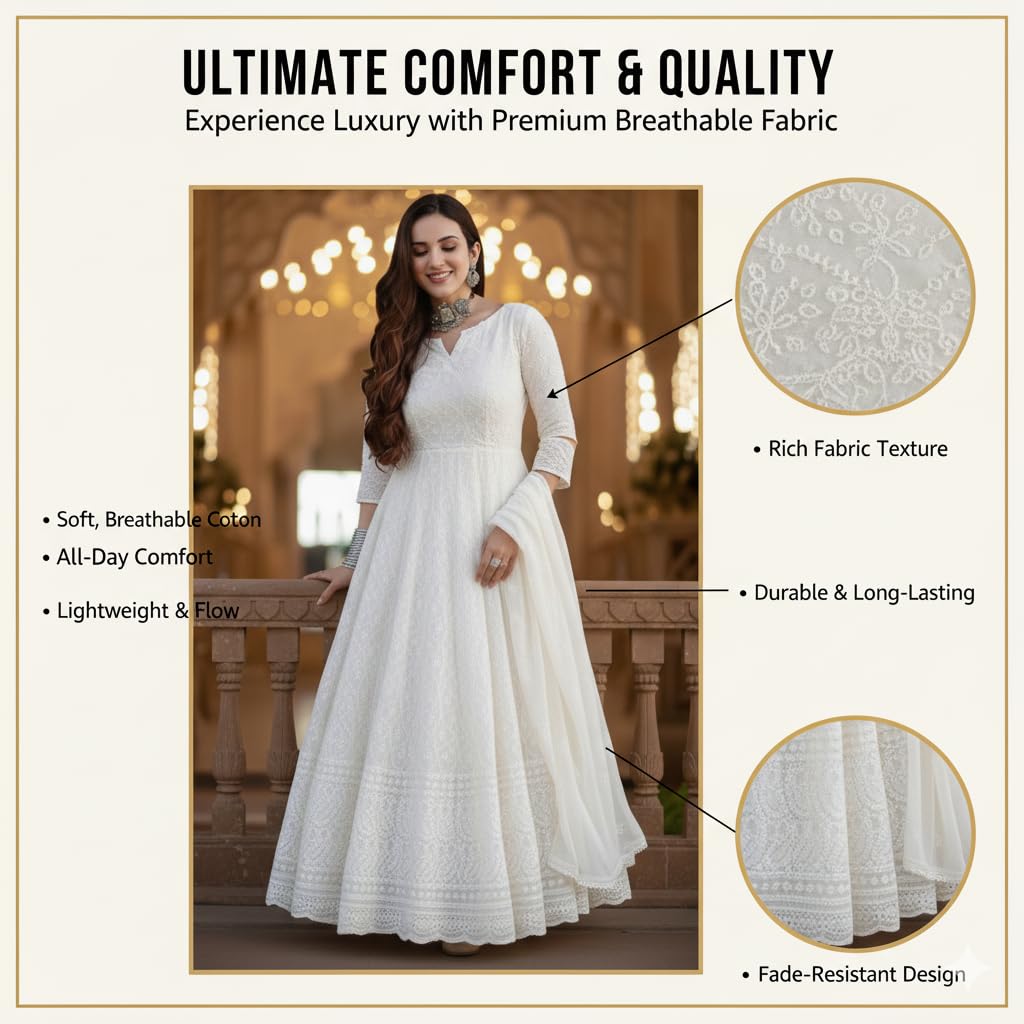 KURTARI Elegant White Embroidered Anarkali Gown with Dupatta | Size - XXL | Full-Length Flared Ethnic Chickankari Dress for Wedding & Party | Premium Georgette with Intricate Lace Work
