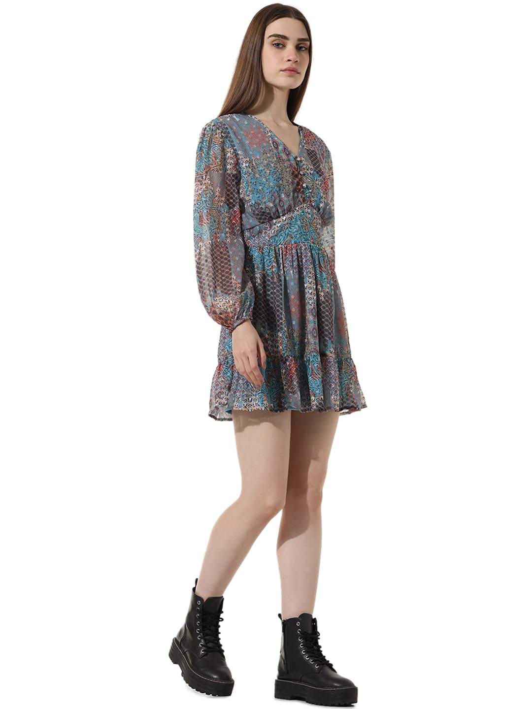 ONLY Women Printed Polyester Above Knee Multicolor Tiered Dress