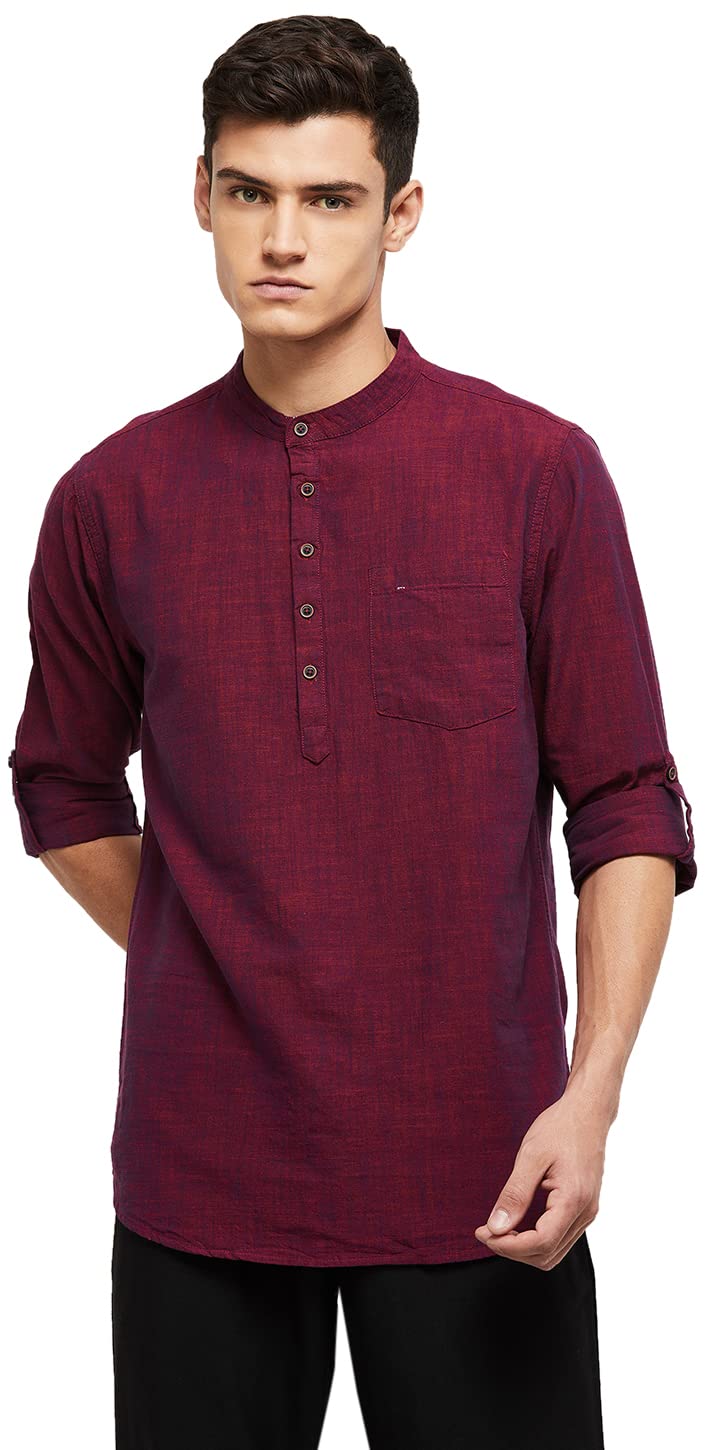 Max Men's Long Sleeves Regular Fit Solid Cotton Short Kurta with Band Collar (Maroon_L)