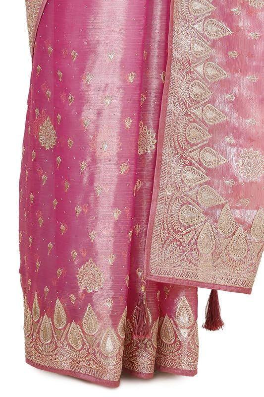 Soch Womens Onion Pink Organza Embroidered Saree With Stone Work