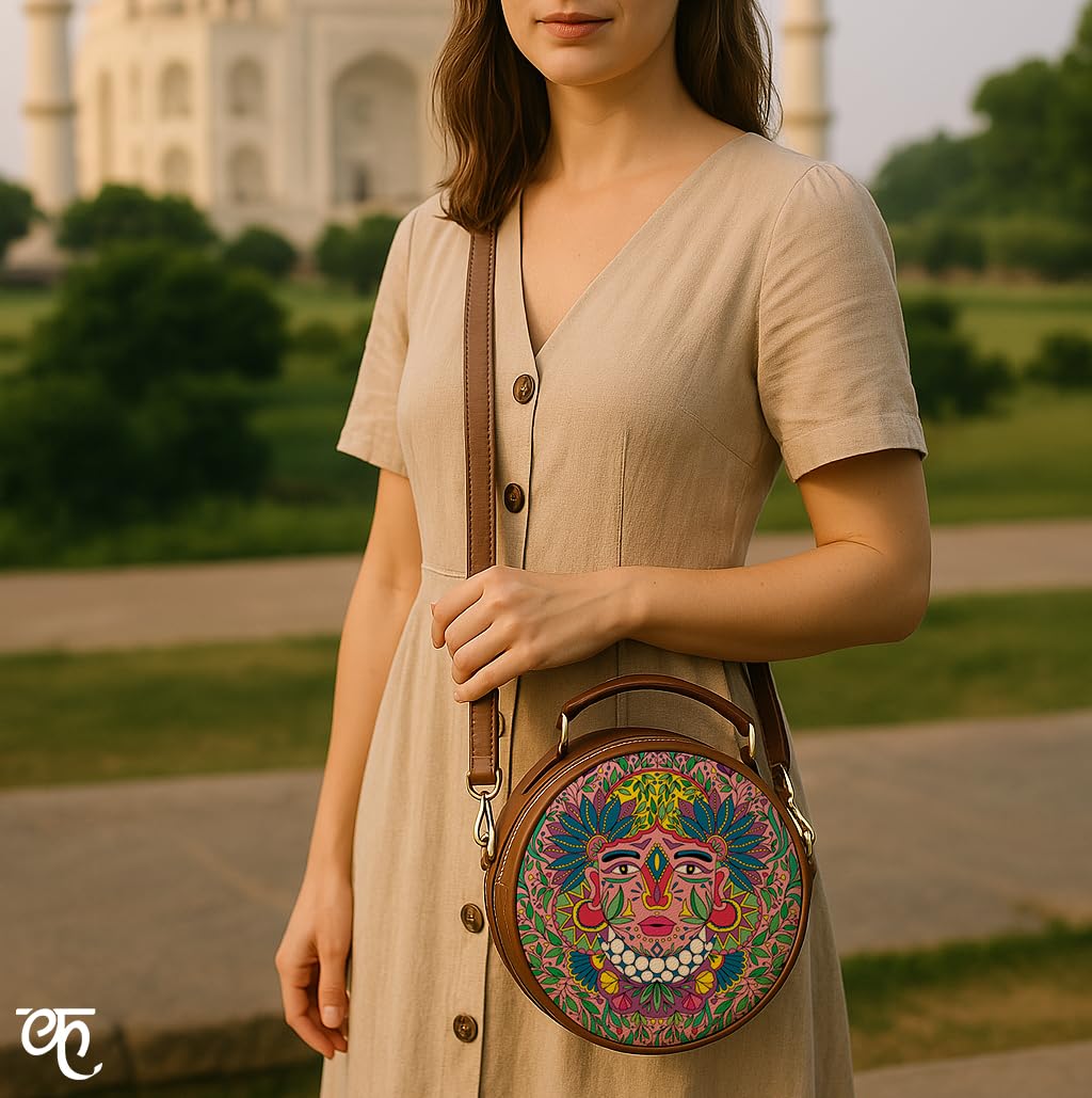 Kalankit Round Sling For Women | Girls Crossbody Bags | Side Bags With Adjustable Strap | Travel Box Sling Bags | Ancient Culture