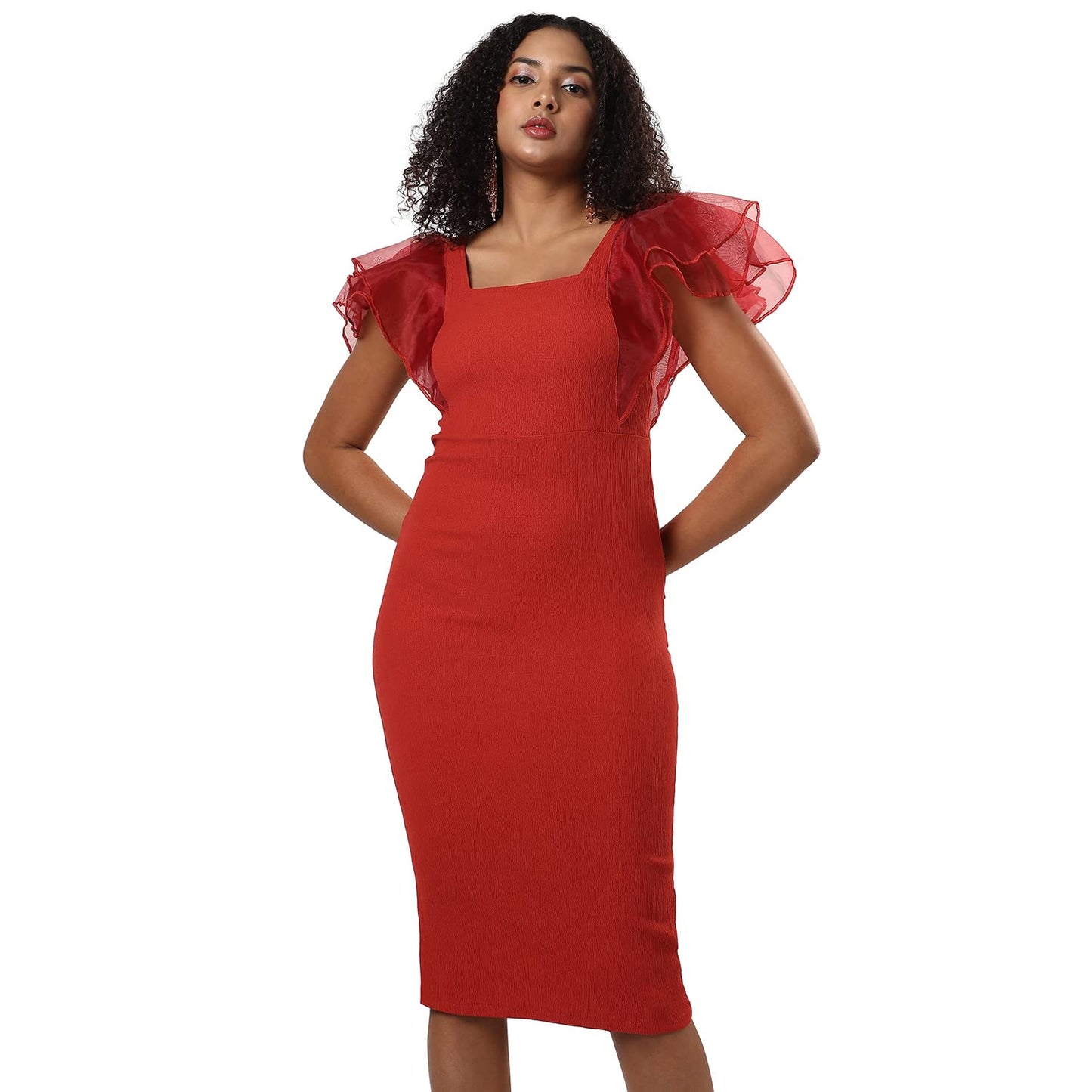 Campus Sutra Women's Solid Red Short Sleeve Midi Length Regular Fit Dress for Casual Wear | Square Neck Dress Crafted with Comfort Fit and High Performance for Everyday Wear