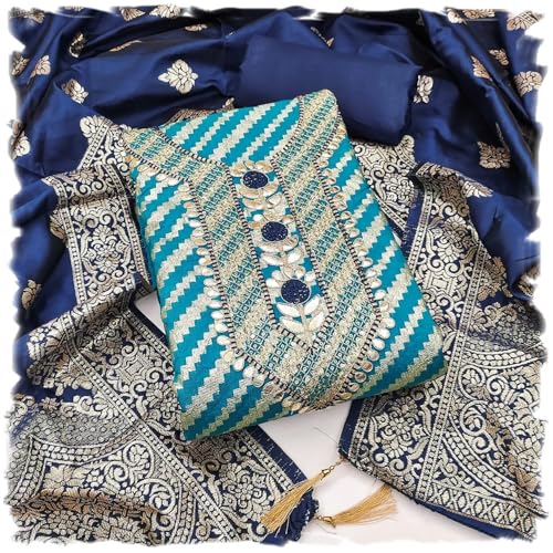 Leeli Peeri Designer Women's Banarasi Jacquard Gota Patti Work Unstitched Salwar Suit Dress Material