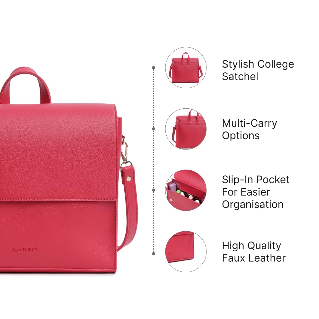 Fastrack College Satchel Bag for Women | Stylish Bag for Girls, Ladies, Women | Everyday Satchel for College, Work Made of Faux Leather (Pink Flash)