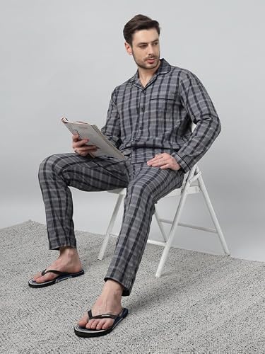 Hancock Men Cotton Checked Night Suit Navy Blue Size S