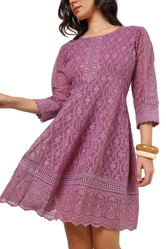 Soch Womens Onion Pink Georgette Blend Embroidered Dress with Sequence Work