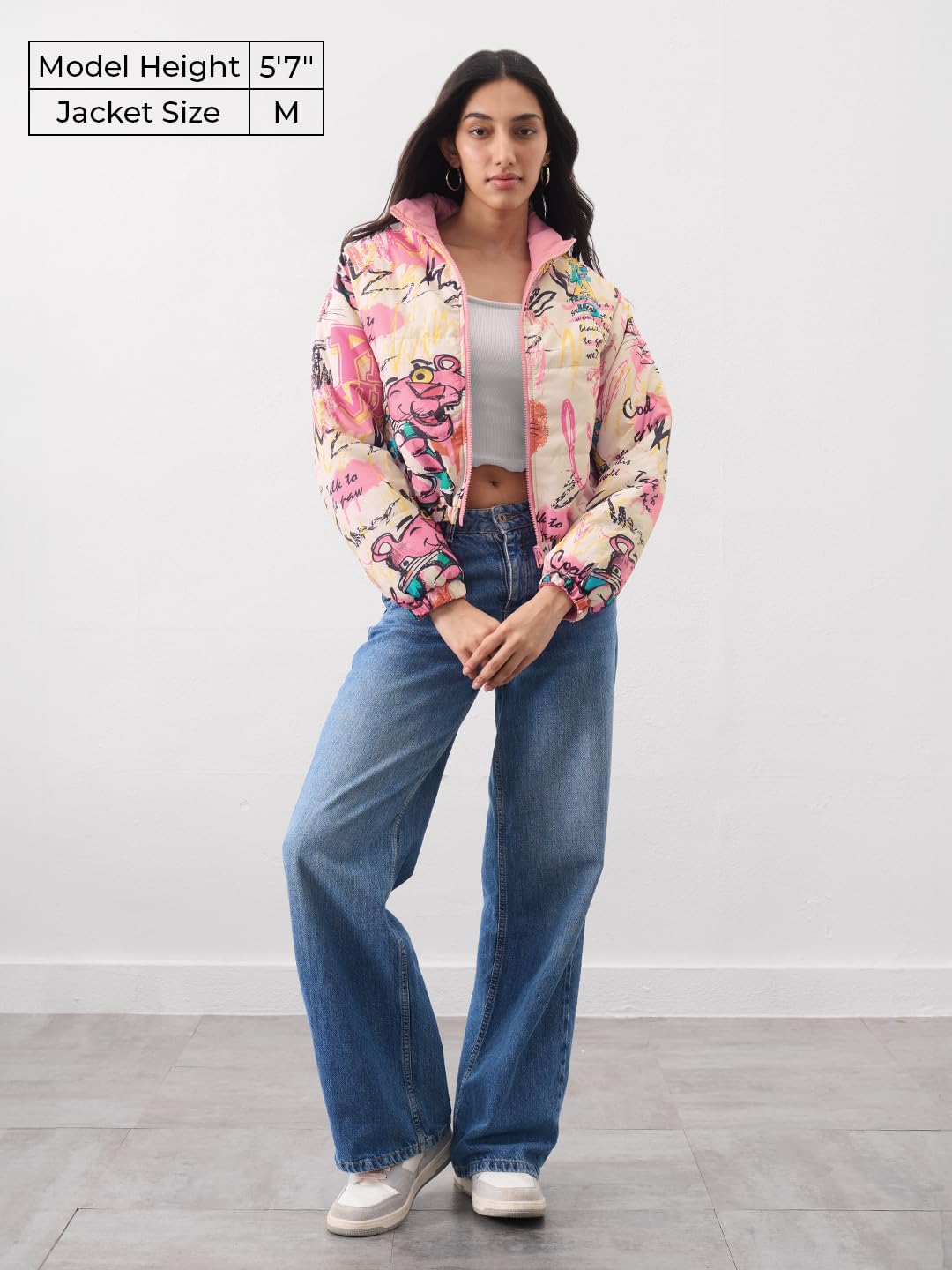 The Souled Store Reversible Puffer: Cool In Pink Women and Girls Full Sleeves Spread Collar Graphic Printed Polyester Regular Fit Lightweight Reversible Puffer Jacket