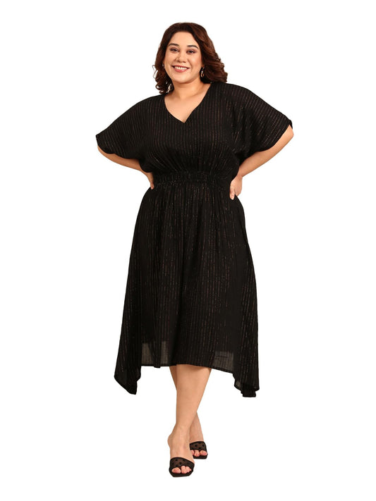 The Pink Moon Women's Maxi Plus Size Black and Gold Lurex Dress with Waist Smocking Dress - (DRS_SMKING_GOLDLX_Black_2XL)