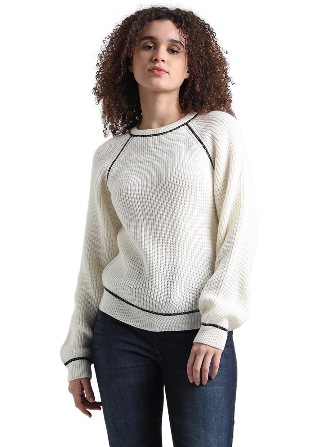 ONLY Women's Acrylic Round Neck Sweater (15332501- Ecru