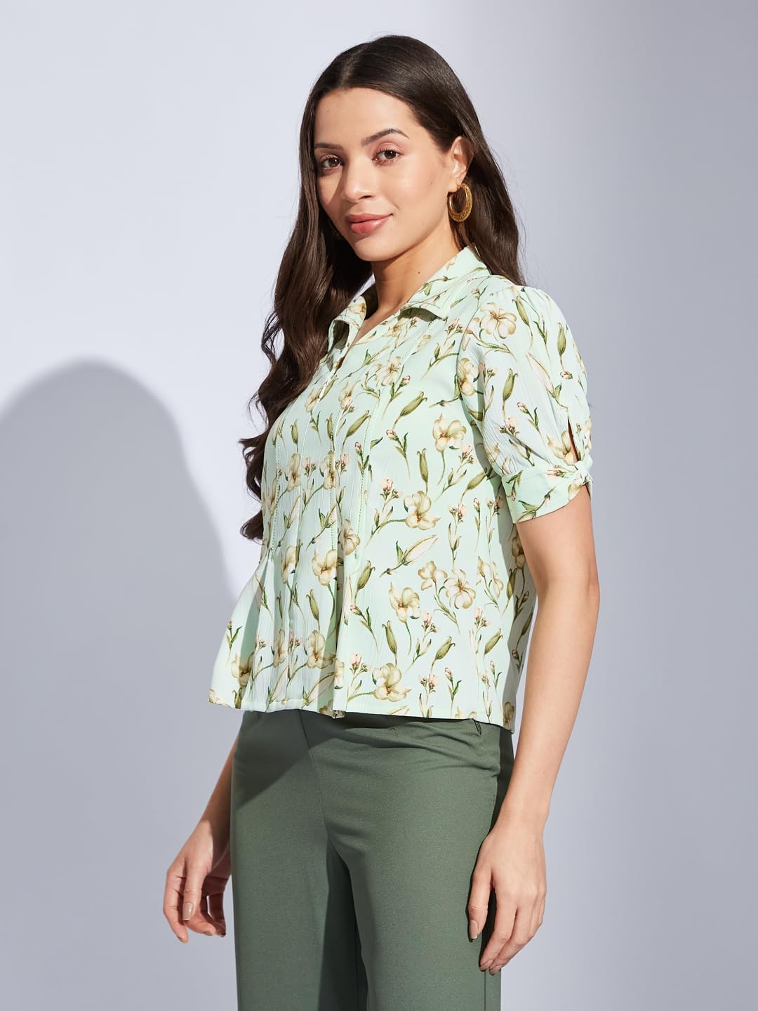 Latin Quarters Women Green Collared Half Sleeves Printed Shirt Blouse for Casual Wear_M