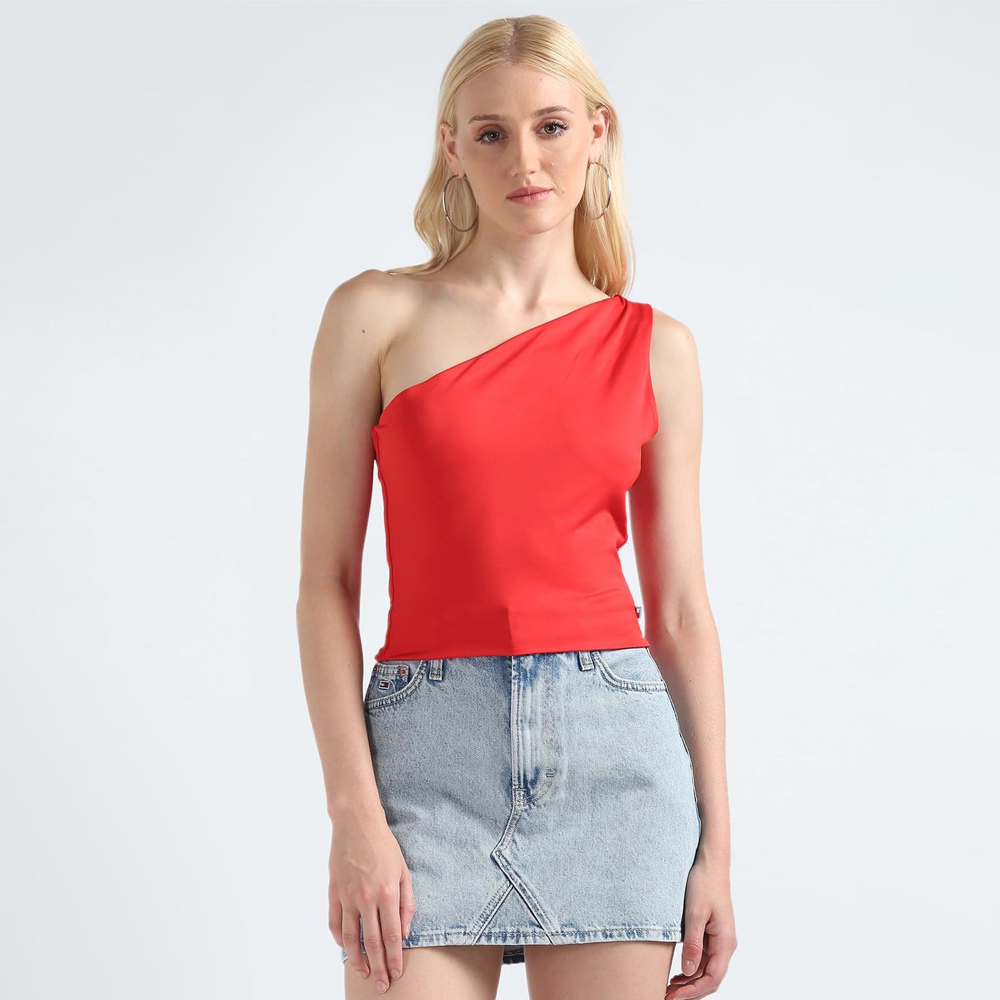 Tommy Hilfiger Polyester Red Solid One Shoulder One Shoulder Women Asymetric Top (L)