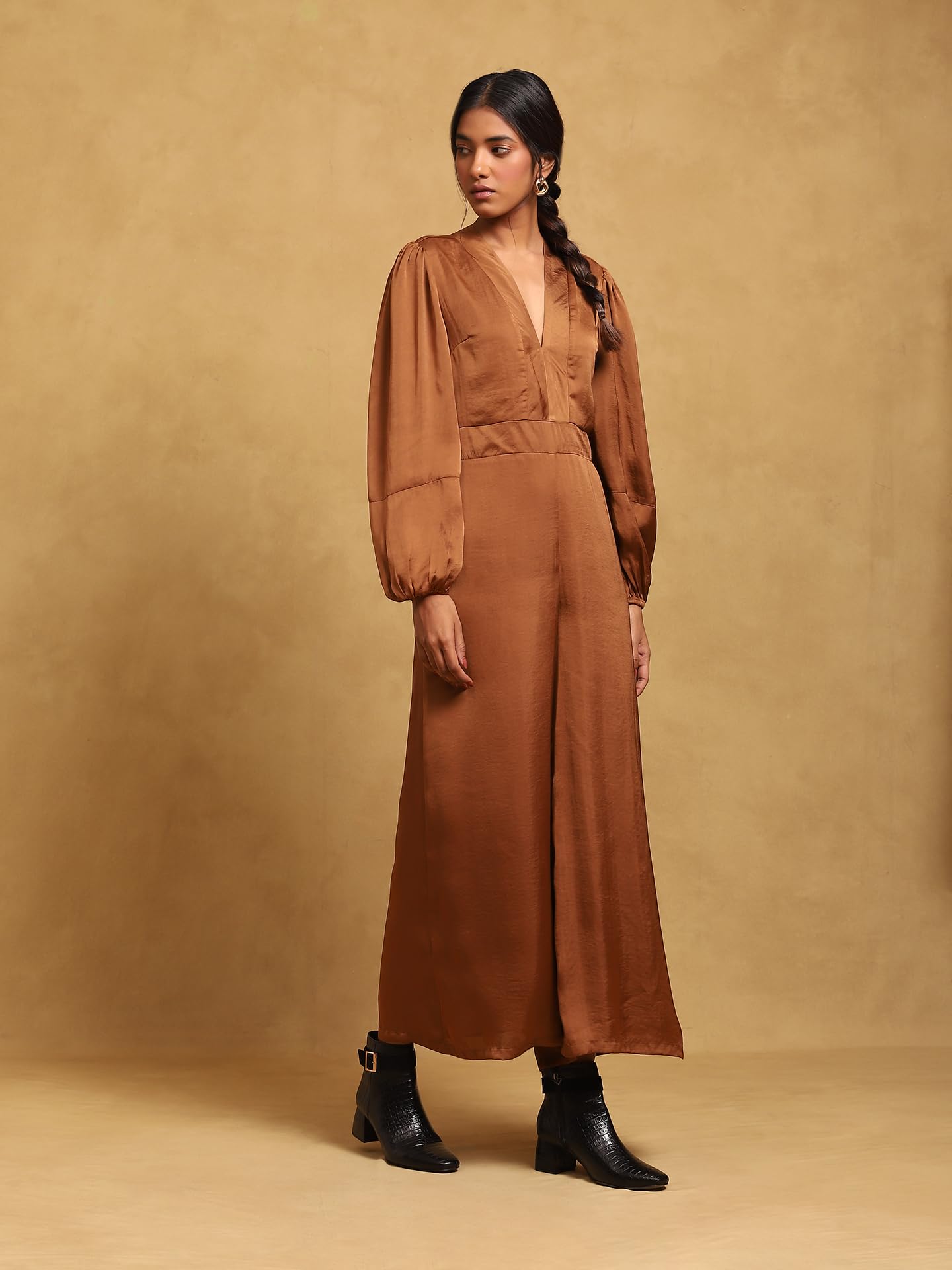 Ritu Kumar V-Neck Full Sleeves Solid Jumpsuit Brown