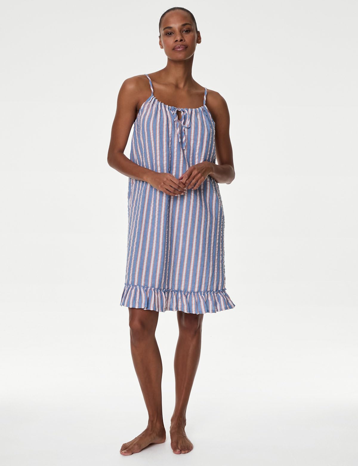 Marks & Spencer Pure Cotton Waffle Striped Chemise Bright Blue
