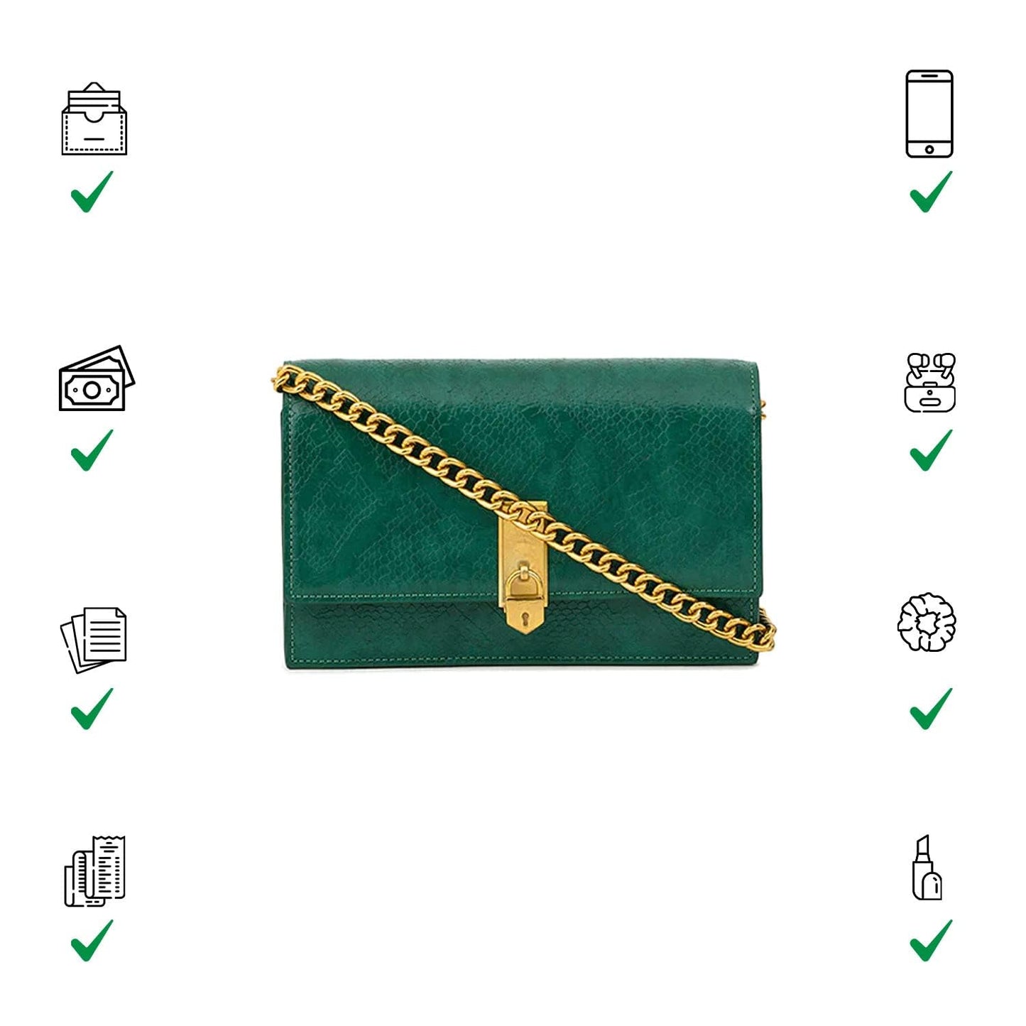 Miraggio Women Mila Shoulder Clutch Bag With Chain Strap For Party | Casual Clutch Purse, Green