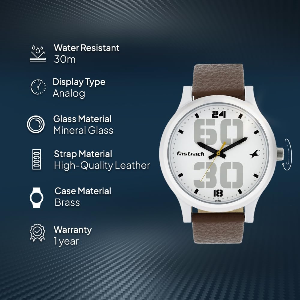 Fastrack Mens Analog White Dial Brown Band Leather Watch