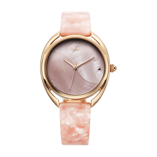 Fastrack Younique Quartz Analog Mother of Pearl Dial Rose Gold Acetate & Metal Strap Watch for Girls - NT68036KD01