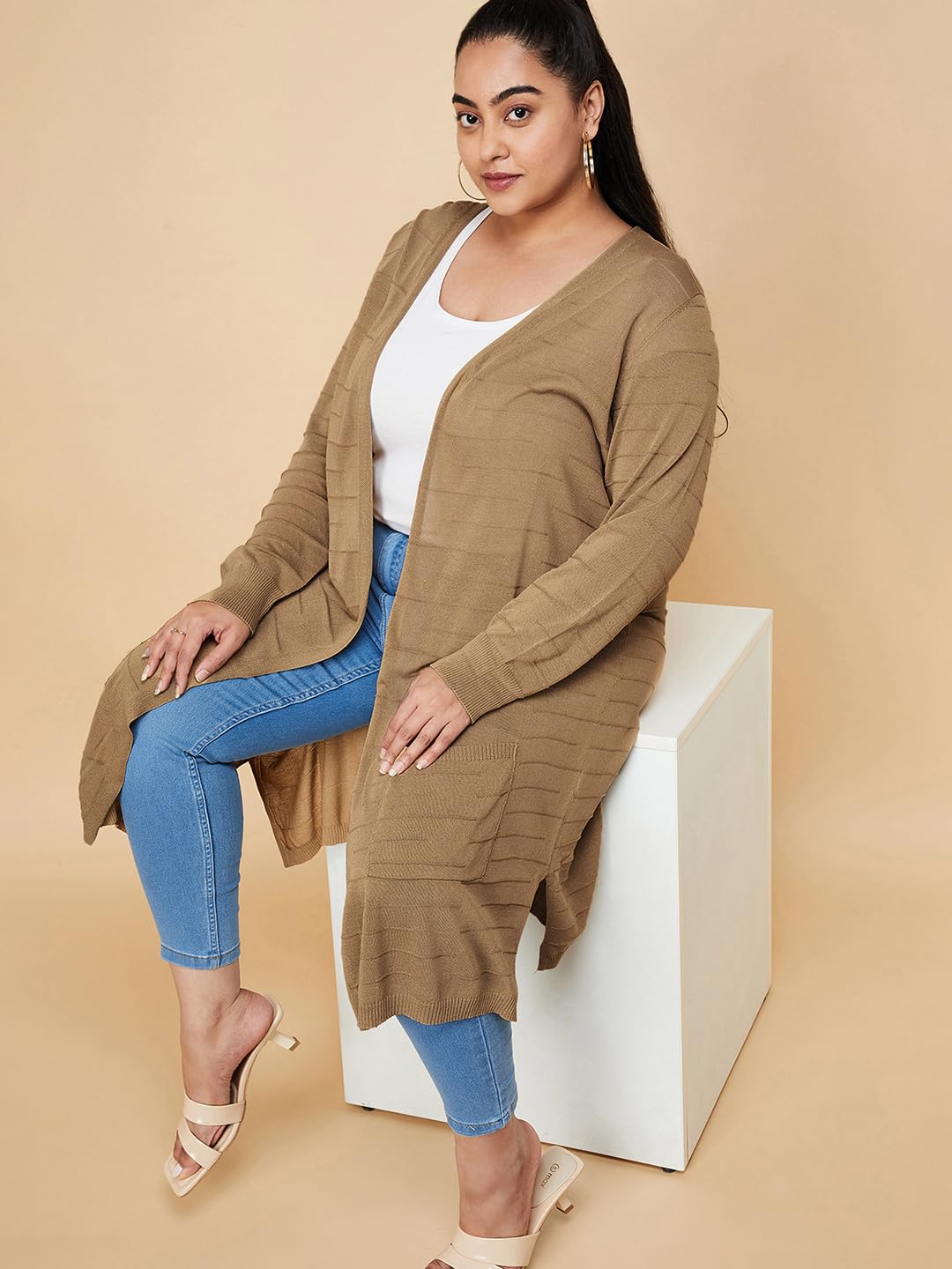 Max Women Plus Size Solid Open-Front Longline Shrug (SHRUG3201P_Beige)