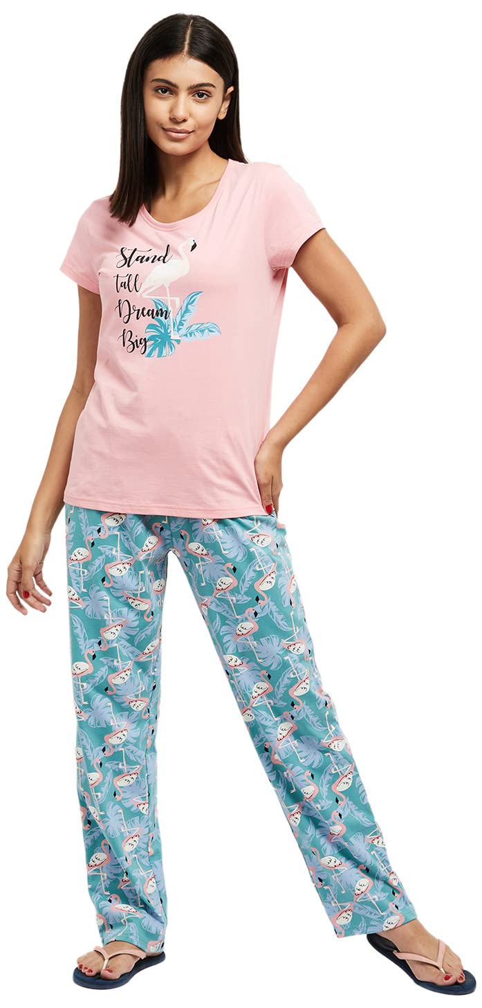 Max Women Printed Round Neck T-Shirt with Elasticated Pyjamas (SU22OTS10PINK)_S