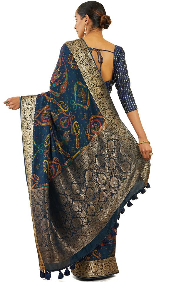 Soch Womens Navy Blue Crepe Saree With Ethnic Print And Zari Borders