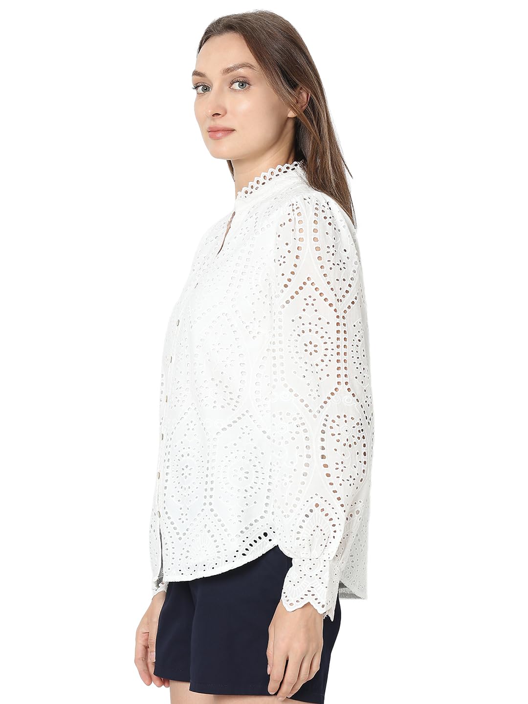 VERO MODA Women Self Design White Cotton Regular Fit Shirt