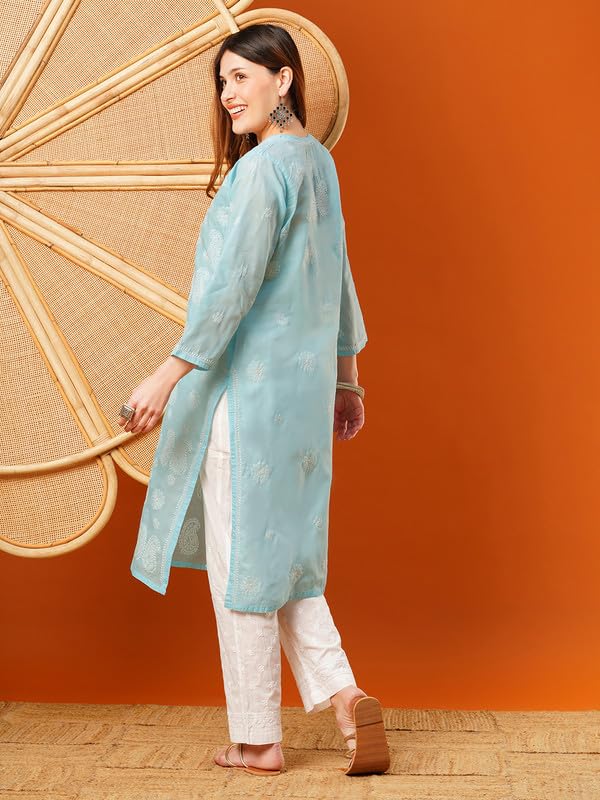 Ada Hand Embroidered Lucknowi Chikankari Cotton Kurti Kurta for Women A411616 Blue (5XL)