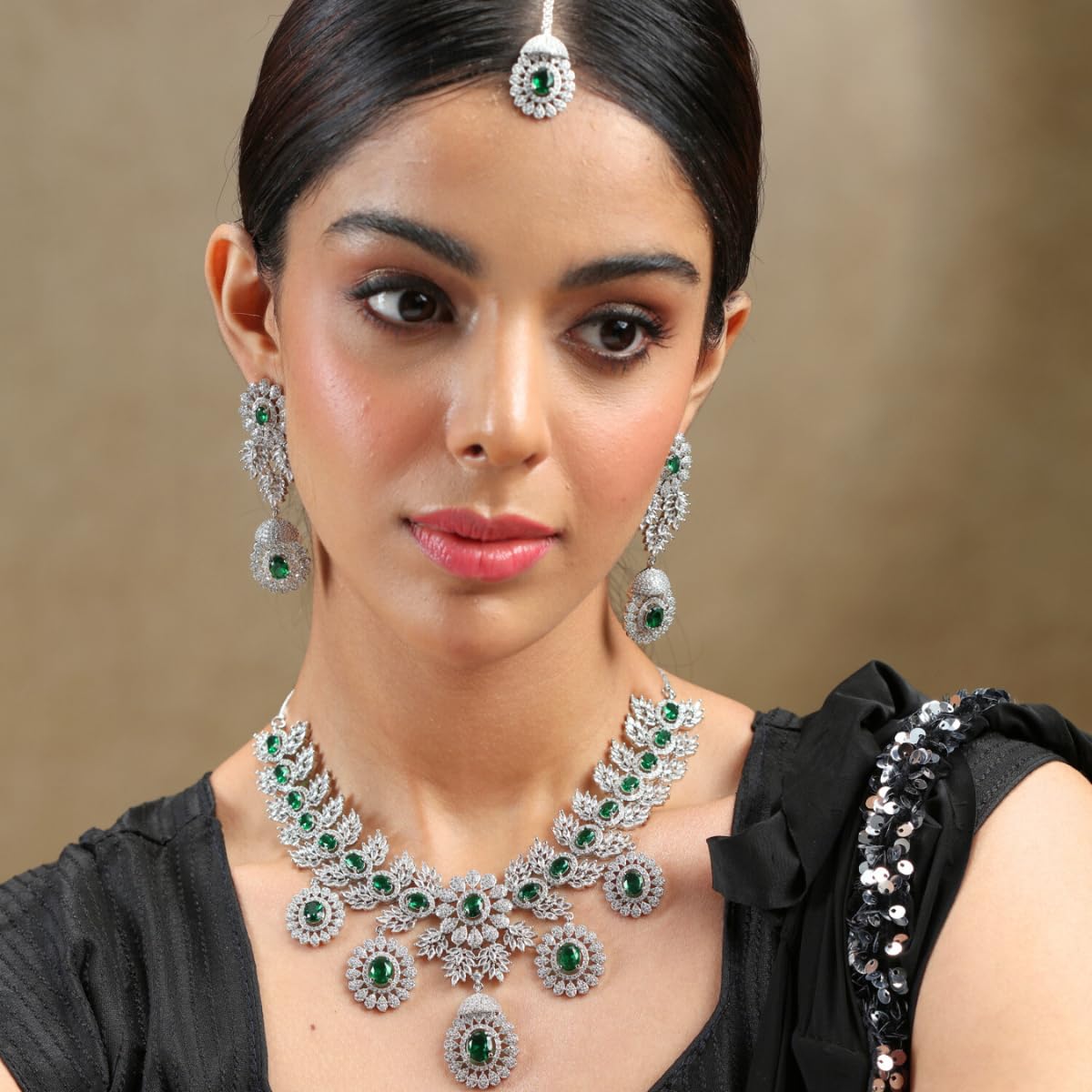 Iksava Rhodium Plated Necklace Set with Earrings American Diamond Bridal Jewellry Set with Earrings / Statement Bridal Jewellry - Ideal for Weddings, Engagement, and Special Occasions for Womens. (Green Silver)