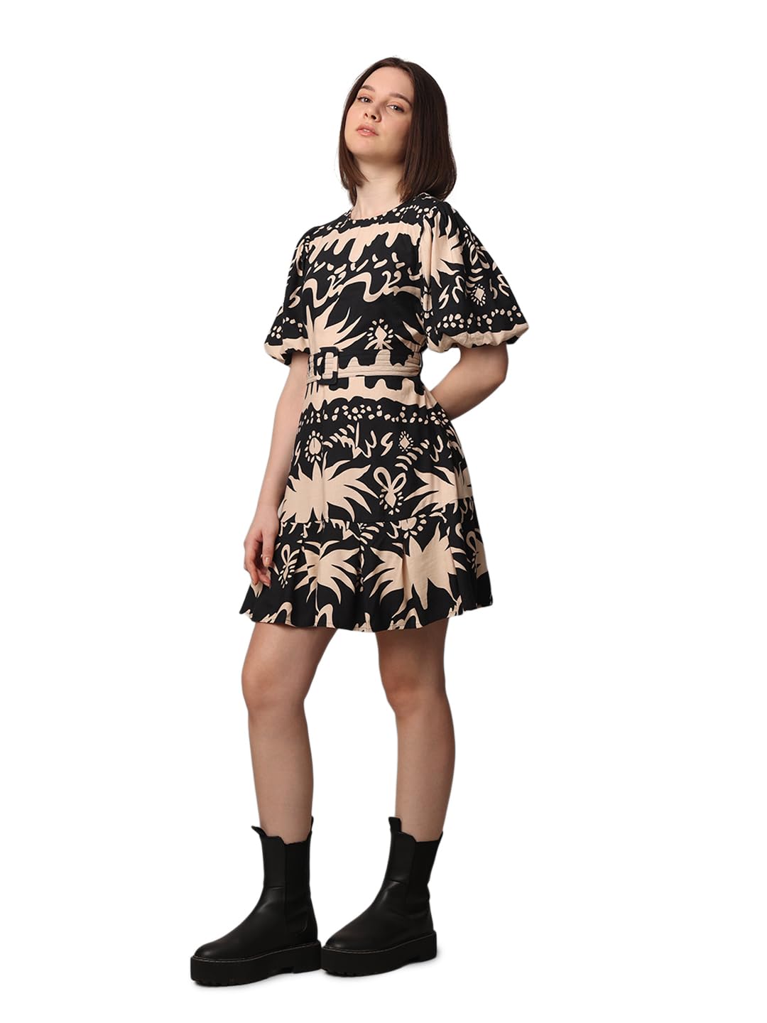 ONLY Women Printed Fit and Flare Casual Black Fit and Flare Dress