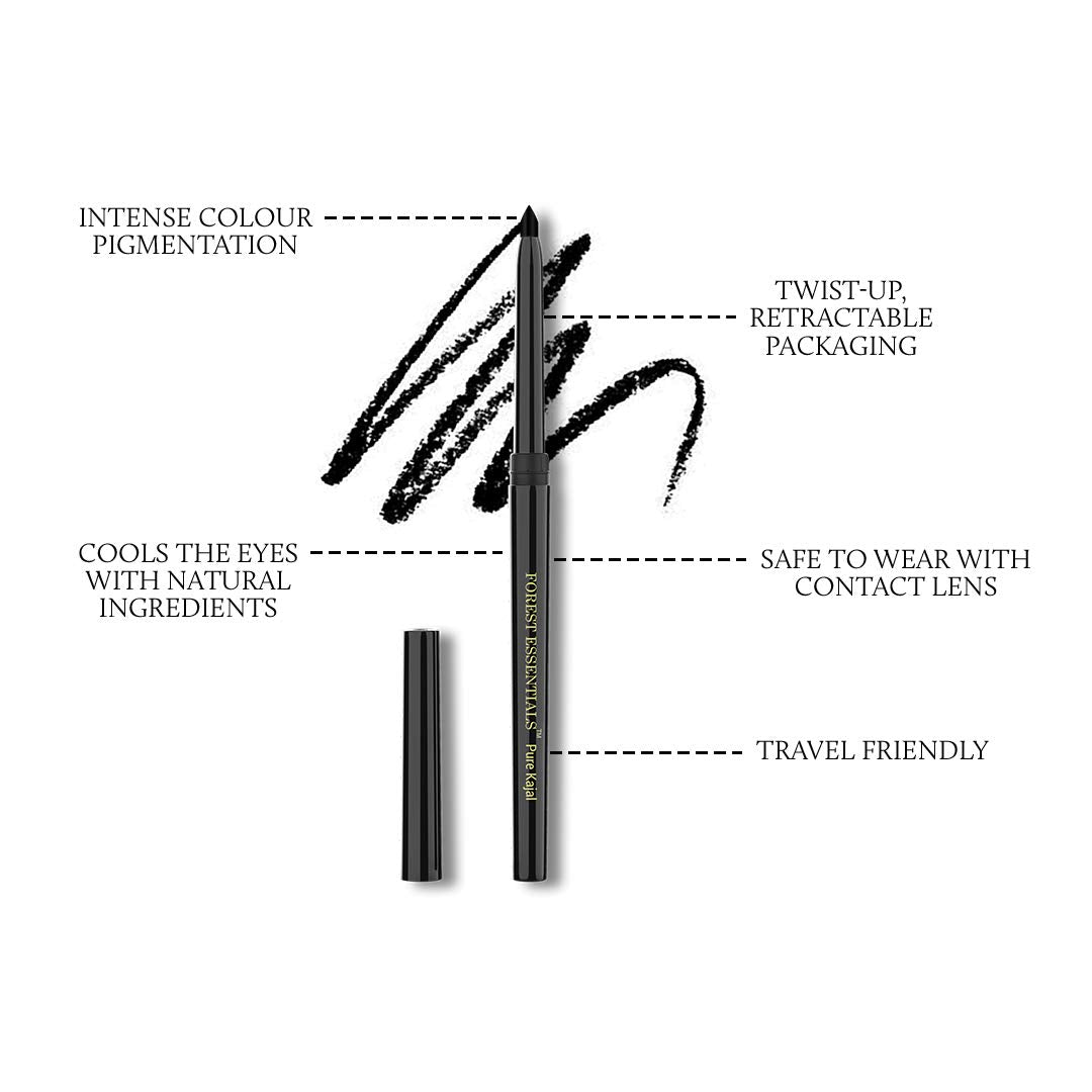 Forest Essentials Gulaab Khaas Pencil Kajal Charcoal Black | Made with Cow Ghee & Rose Petals | Natural Highly Pigmented Kajal | Helps in Cooling & Soothing the Eyes