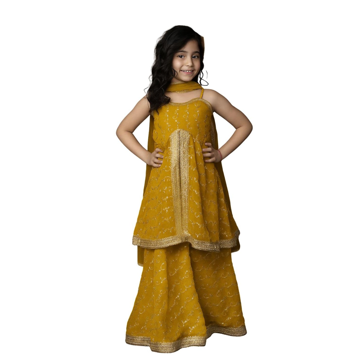 superminis Girls Georgette Sequins Embroidery Sleeveless Lehenga Choli with Net Dupatta Ethnic Wear Set (8-10 Years, Mustard)