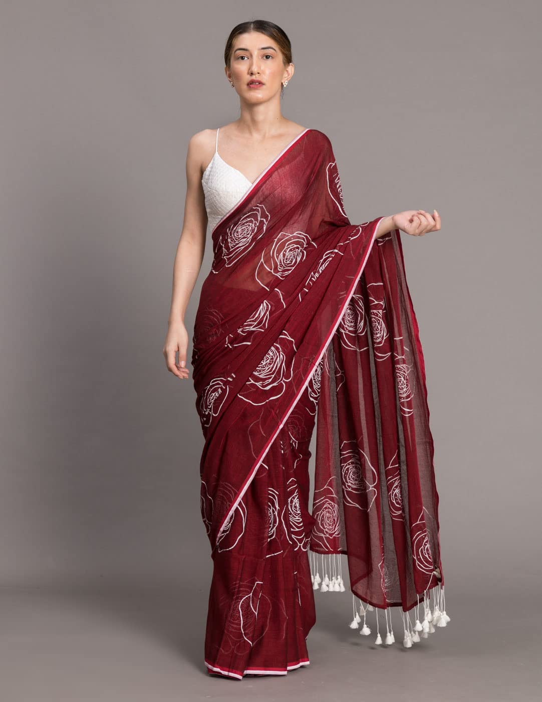 Suta Women's Plain Pure Cotton Saree Without Blouse | Pure Cotton Saree| Cotton Saree| Red Cotton Saree | Rose Printed Saree| Printed Cotton Saree