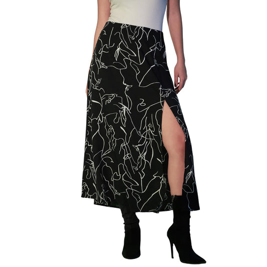 Berrylush Women Black & White Abstract Printed High-Rise Waist Straight Hem Thigh-High Slit A-Line Midi Skirt