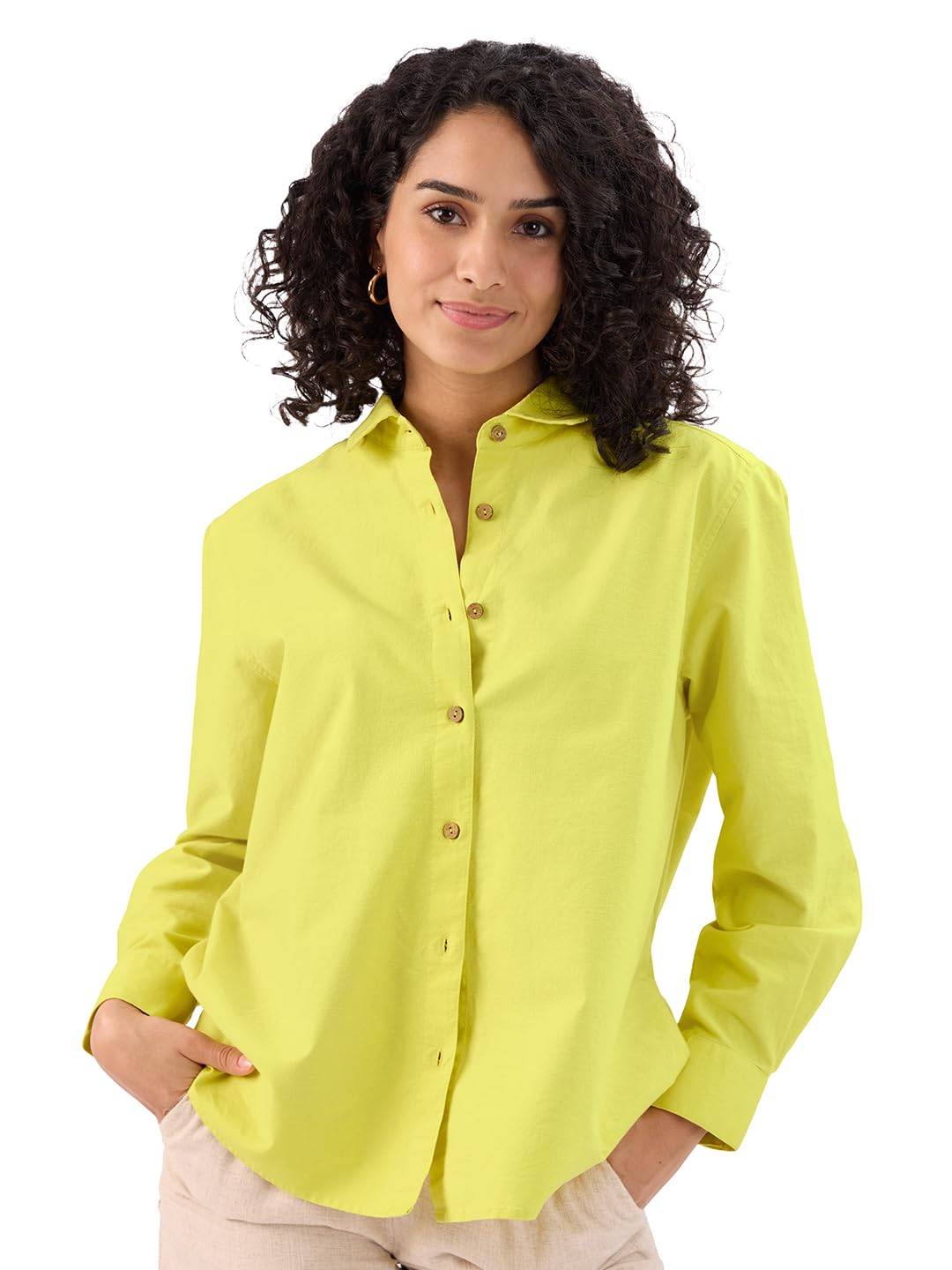 The Souled Store Lime Green: Women & Girls Long Sleeve Collared Neck Button Down Regular Fit Cotton Linen Shirts