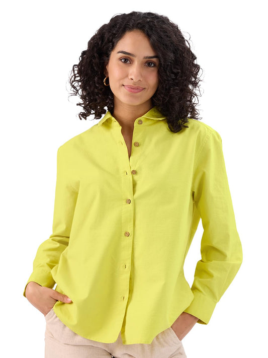 The Souled Store Lime Green: Women & Girls Long Sleeve Collared Neck Button Down Regular Fit Cotton Linen Shirts