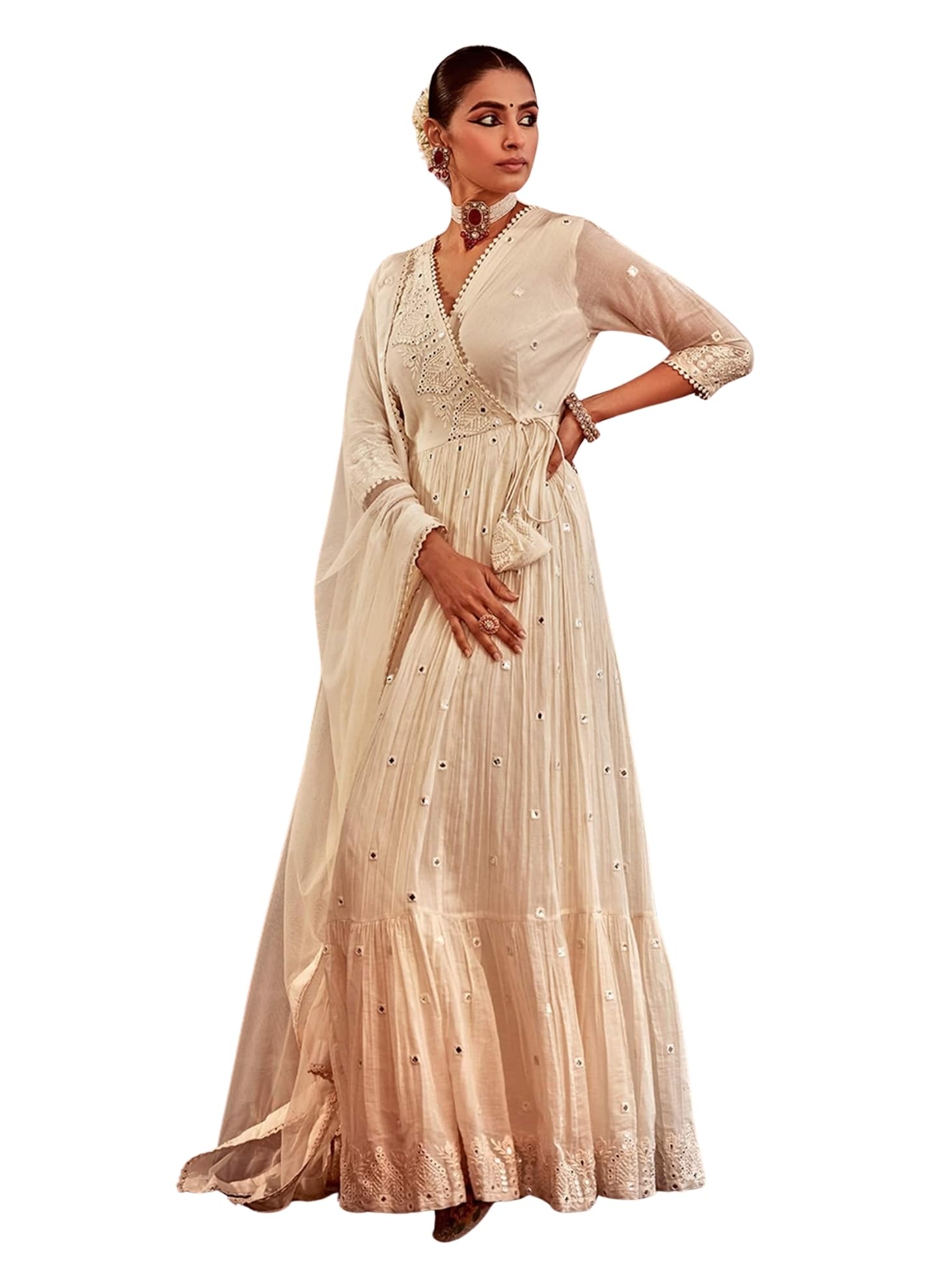 Elegant White Pure Cotton Angrakha Anarkali with Foil Mirror and Thread Embroidery Work