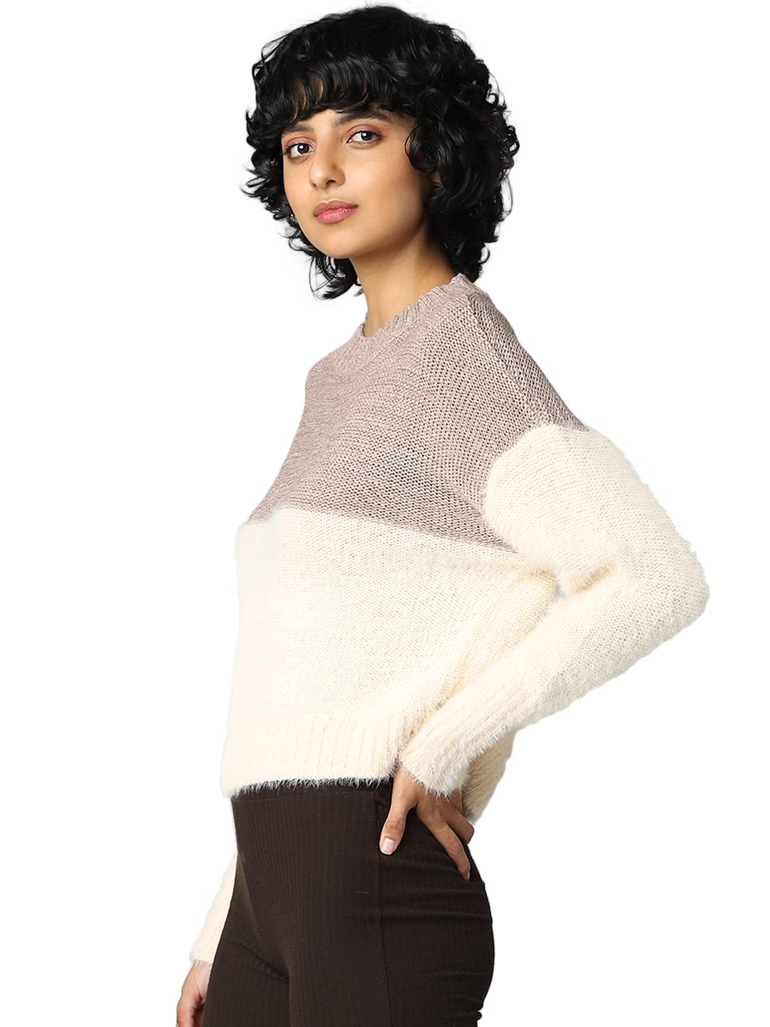 Only Women's Cotton Pullover Sweater (15293863-Mocha Meringue_Round Neck_XL) Brown