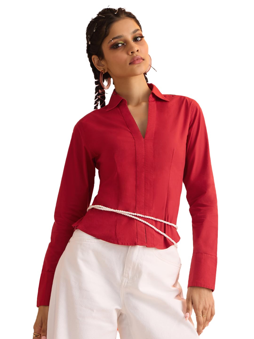 The Souled Store Corset Shirt: Cherry Red Women and Girls Long Sleeves Collared Neck Button Front Fitted Shirts