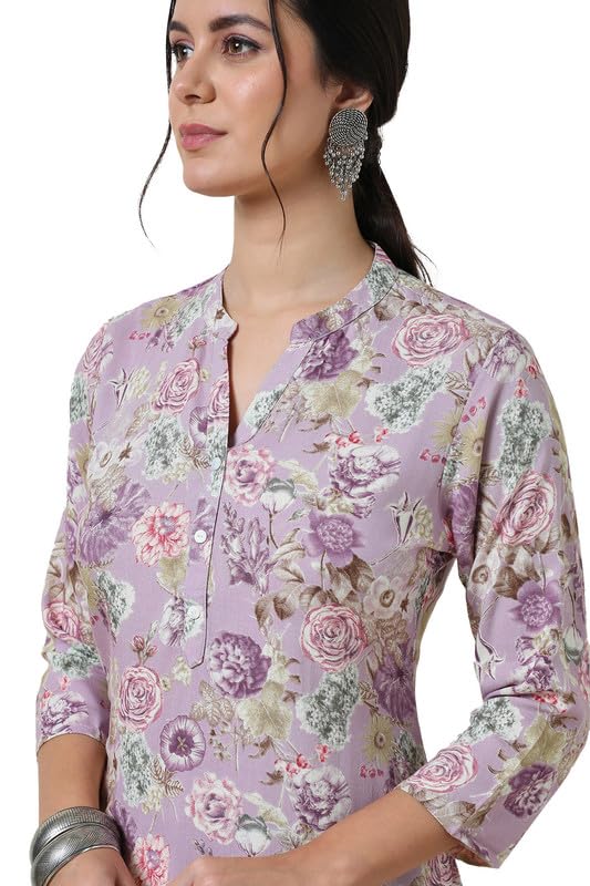 Soch Womens Purple Rayon Slub Floral Print Straight Tunic