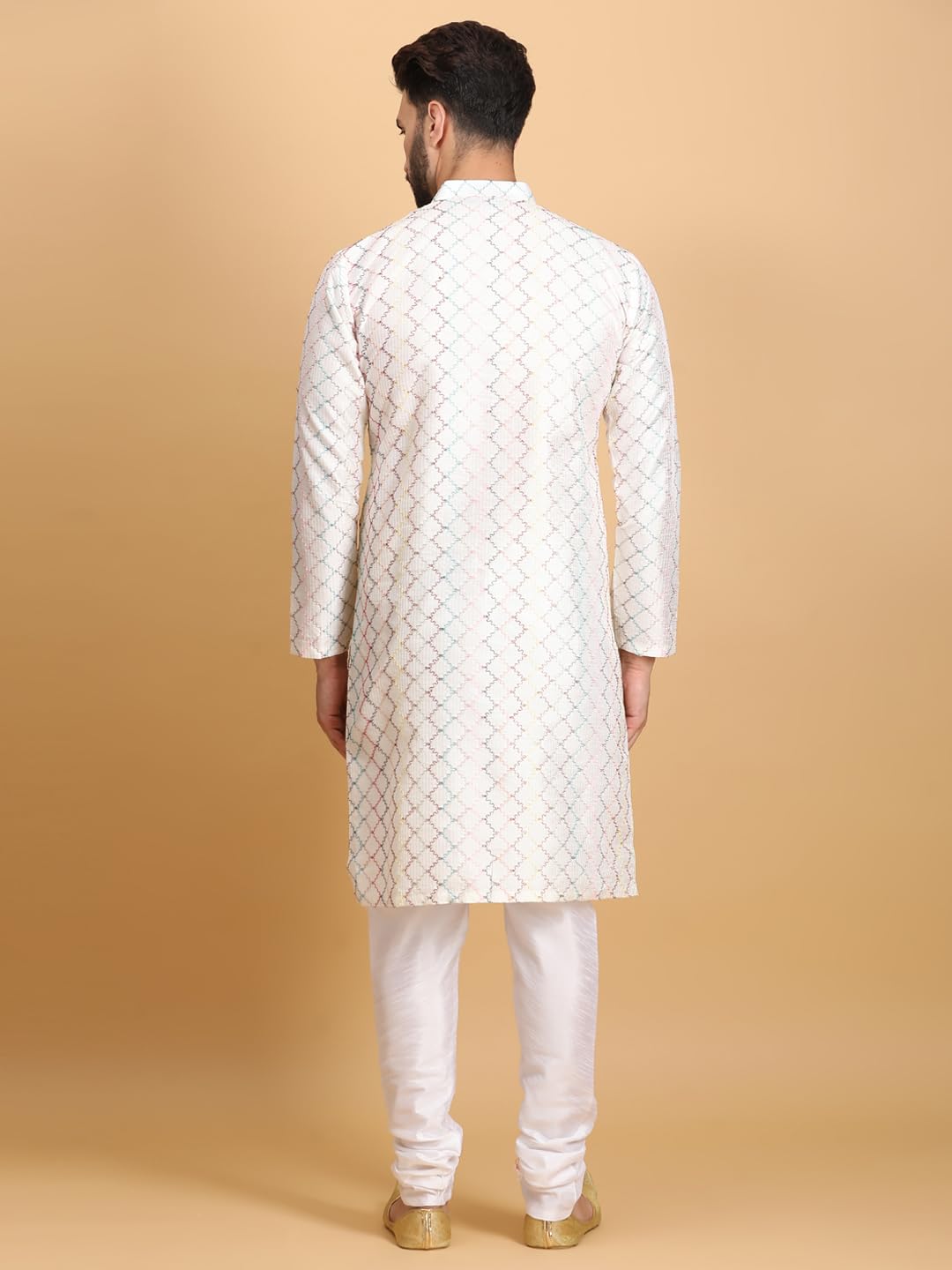 Ethluxis Men's Silk Blend Embroidered Regular Fit Kurta with White Churidar Set (46, White Multi)