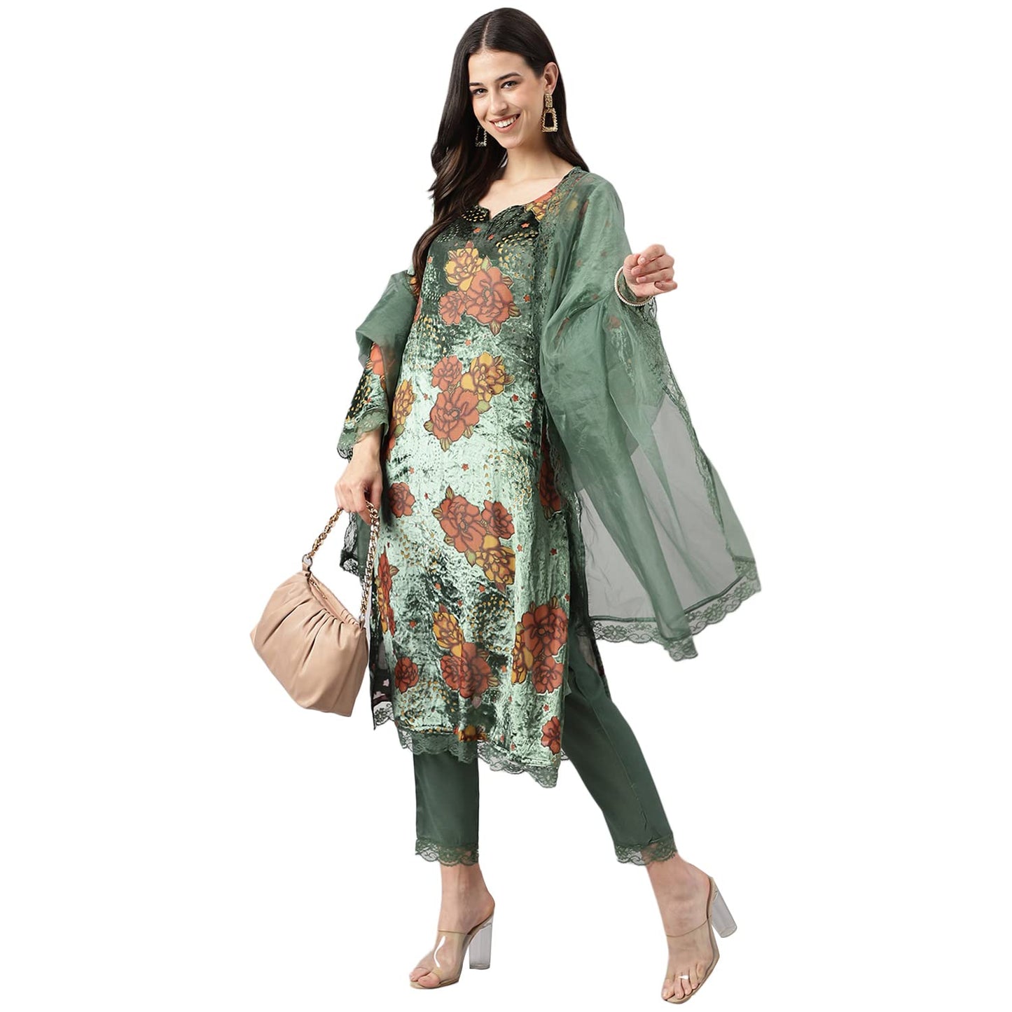 Divena Green Burn out Velvat Kurta Haram Pant with Organza Dupatta