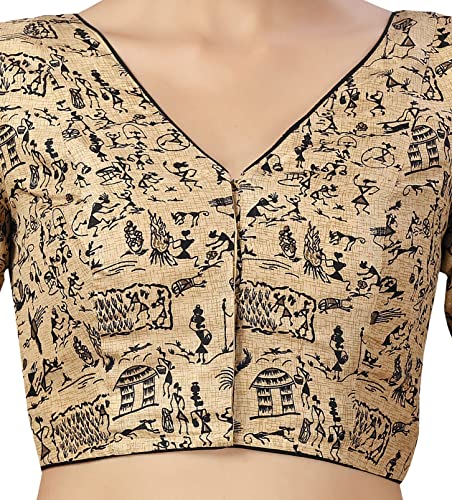Studio Shringaar Women's Readymade Polyester WarliArt Saree Blouse with Elbow Length Sleeve (Gold, 48)