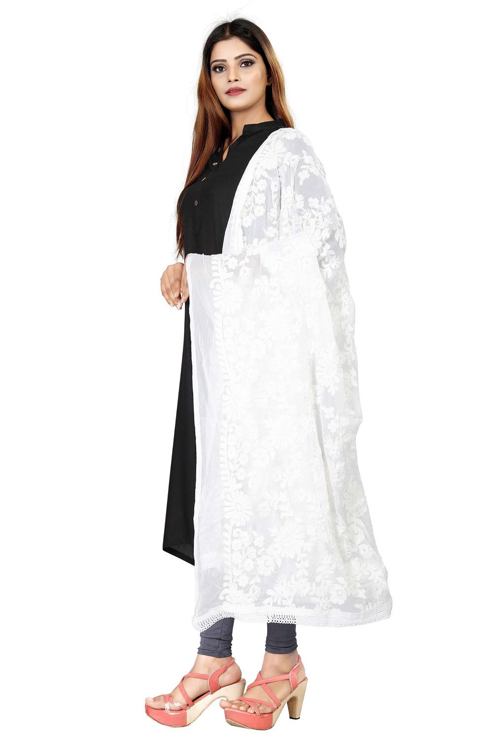 Avni N Anvi Women's White Floral Embroidered Chiffon Dupatta – Lightweight Ethnic Wear Stole/Scarf