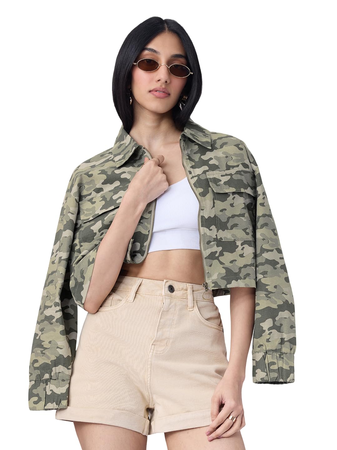 The Souled Store: Desert Olive Women and Girls Full Sleeves Spread Collar Camouflage Printed Cotton Oversized Fit Lightweight Utility Jacket