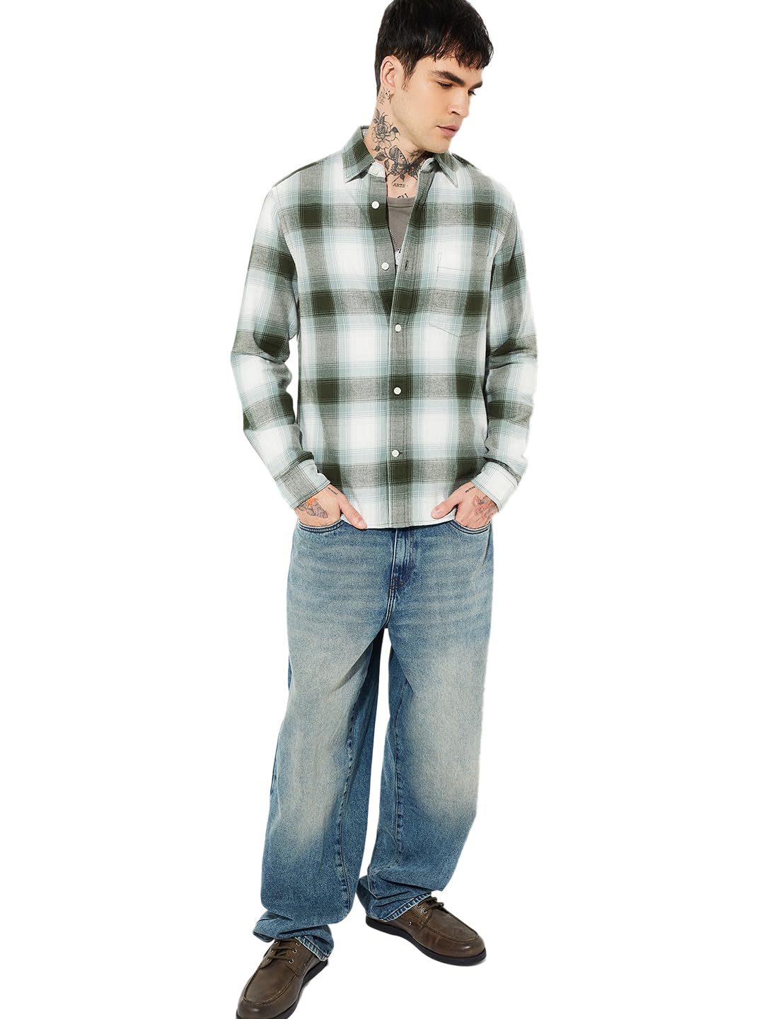 Max URB_N Men Checked Regular Fit Shirt(Green_L)